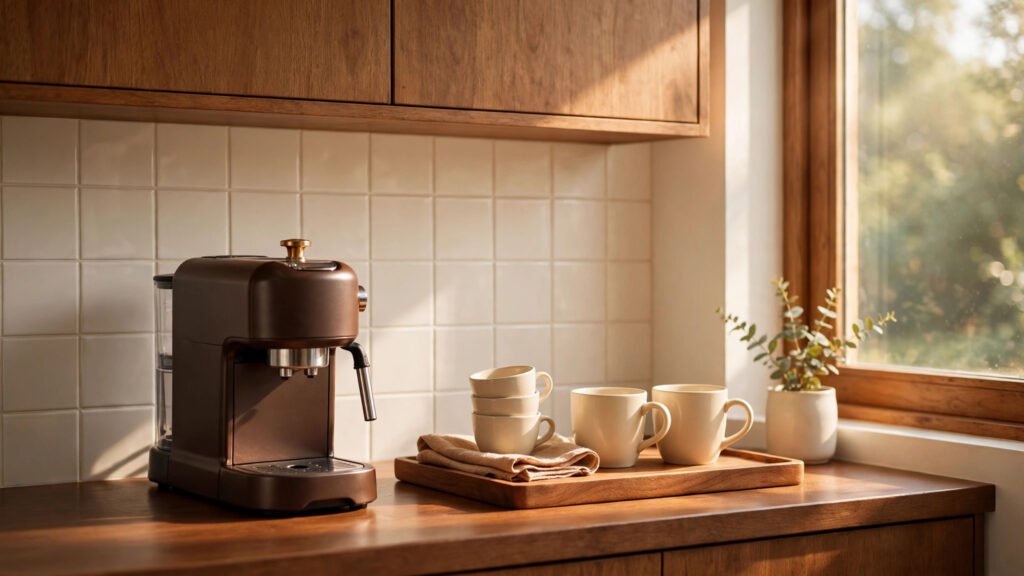 Small kitchen coffee bar setup with espresso maker and mugs in warm morning light