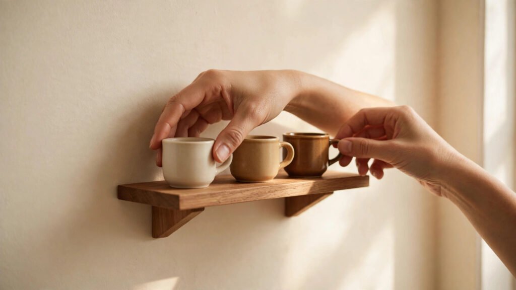 Hands arranging mugs on a small floating shelf coffee bar
