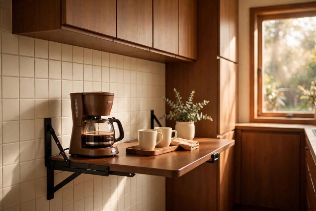 Wall-mounted fold-down table holding a drip coffee maker and two mugs in a sunny kitchen