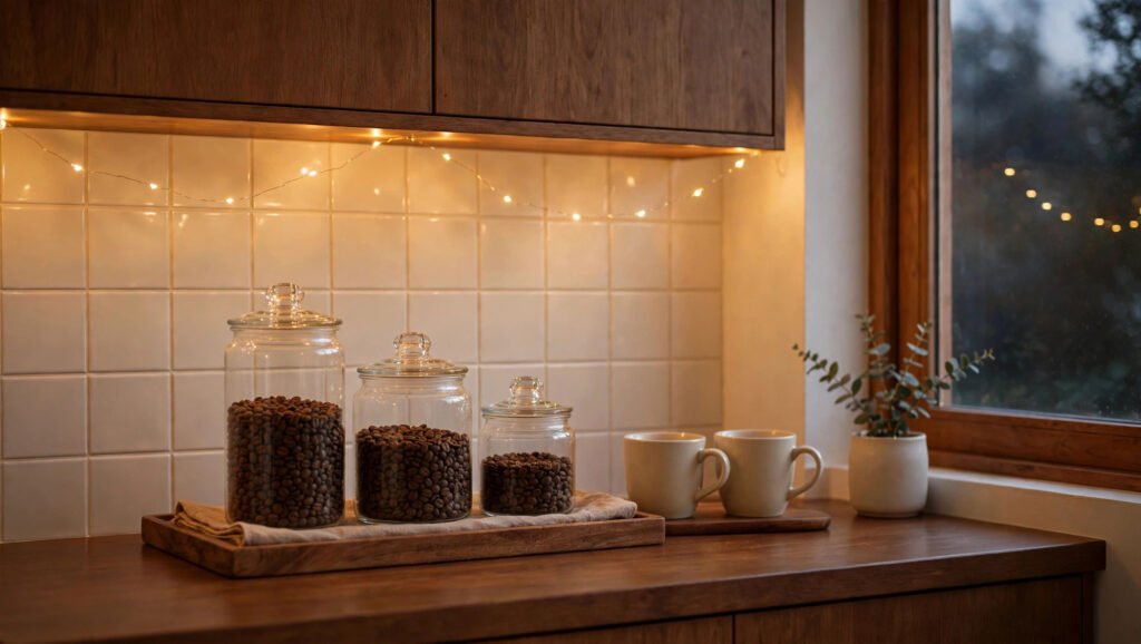Glass canisters of coffee beans on a wooden tray with mugs under warm fairy lights