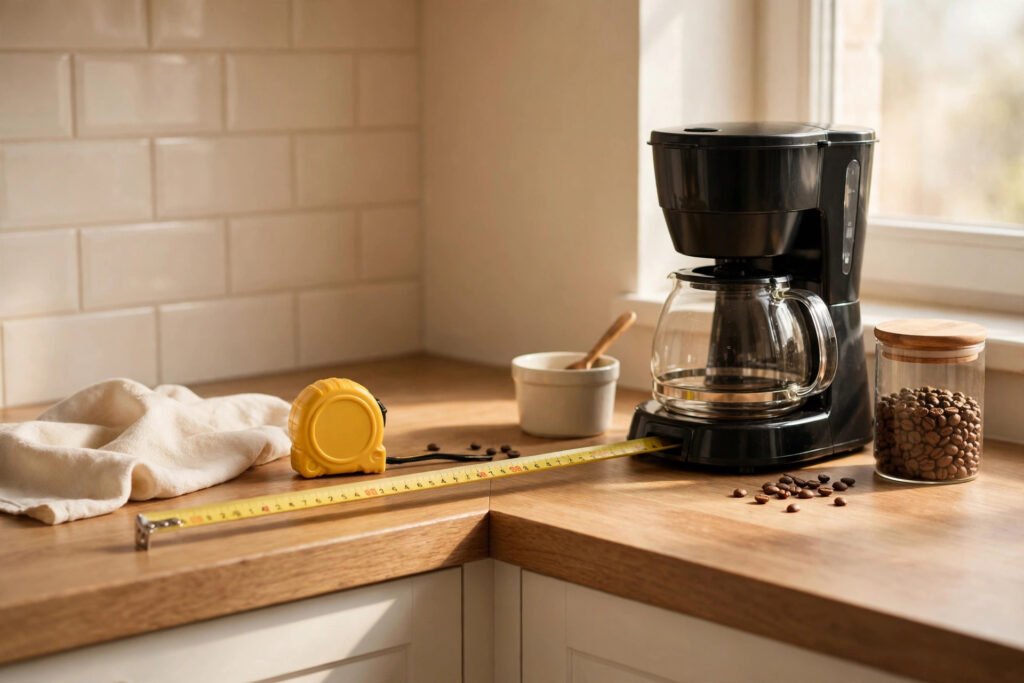 Black drip coffee maker with a measuring tape and a jar of coffee beans on a kitchen counter