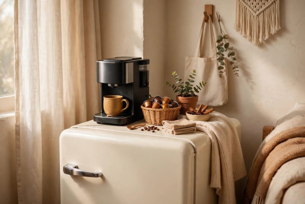 Single-serve coffee maker with a basket of pods and spices on top of a cream mini fridge