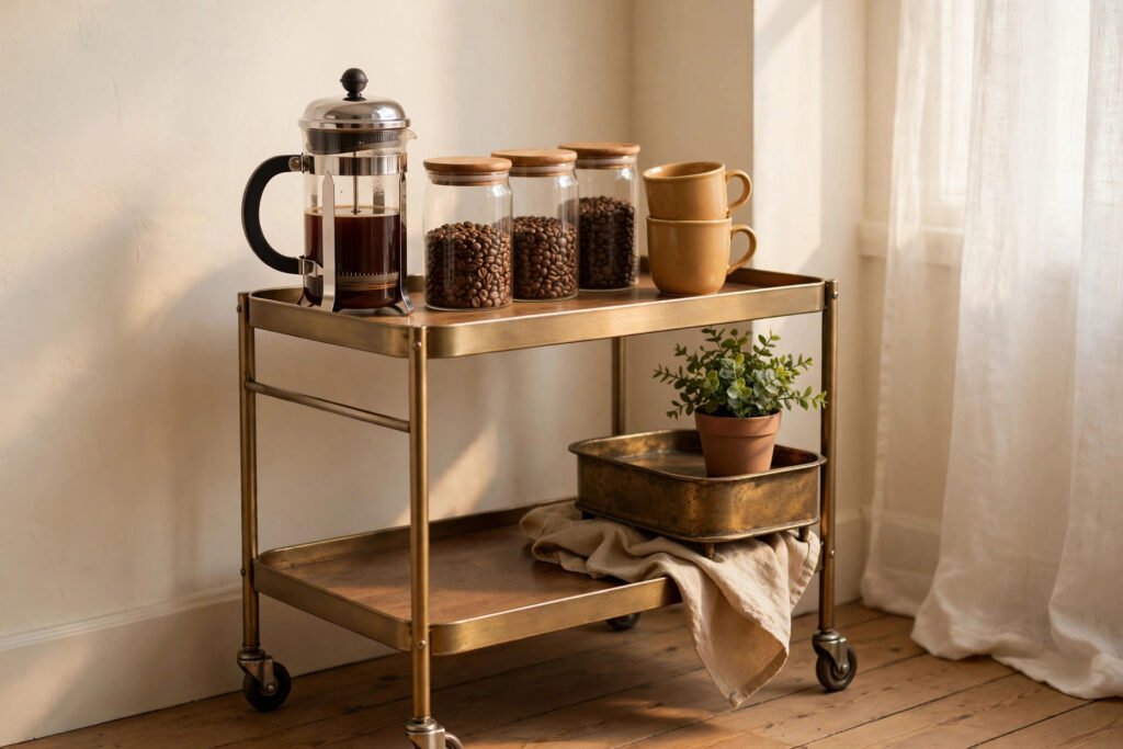 DIY budget coffee station on a rolling cart with French press and plants