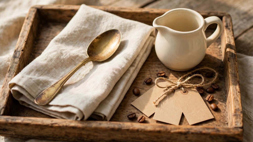 Thrifted coffee finds styled on a wooden tray