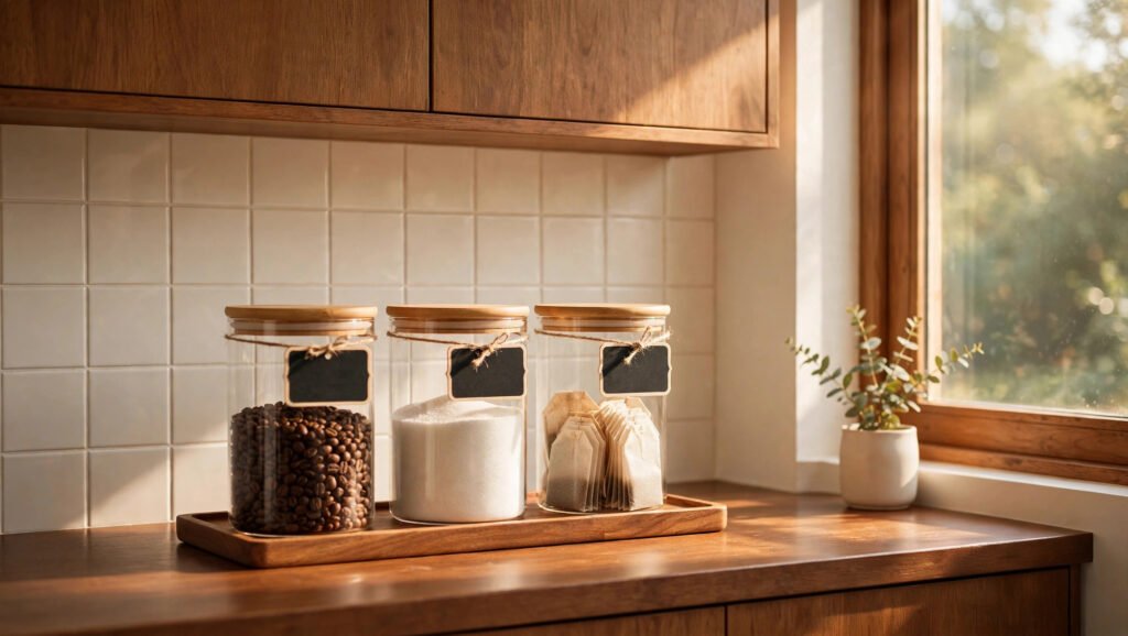 Labeled glass jars of coffee beans, sugar and tea on a wooden tray