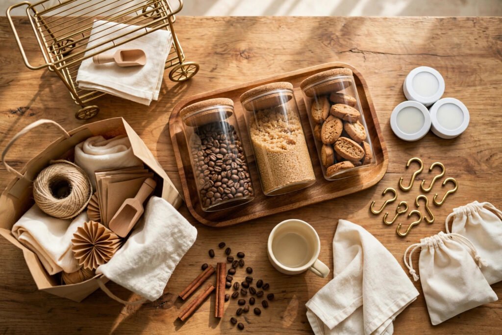 Flat lay of budget coffee station supplies: bean jars, hooks, puck lights and napkins on a wood table