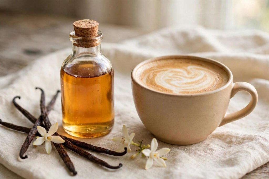 Homemade vanilla syrup bottle beside a latte with vanilla beans