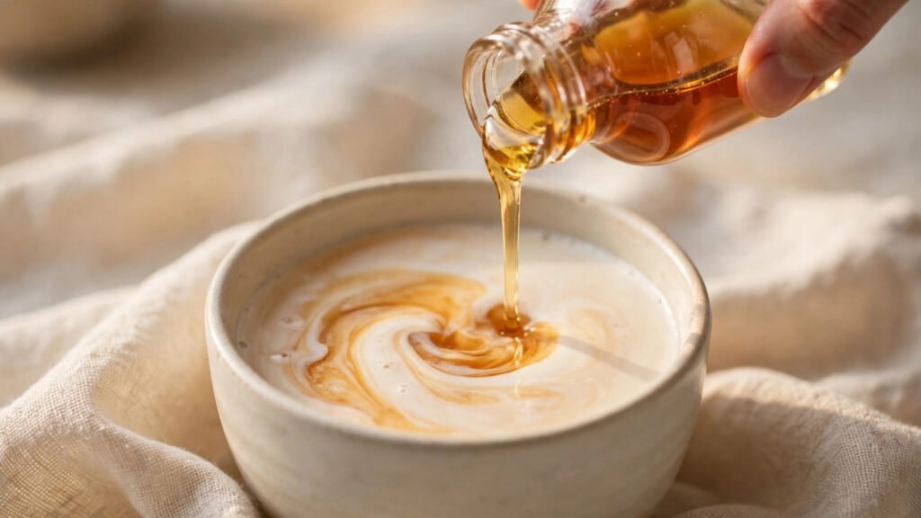 Vanilla syrup being poured into steamed milk