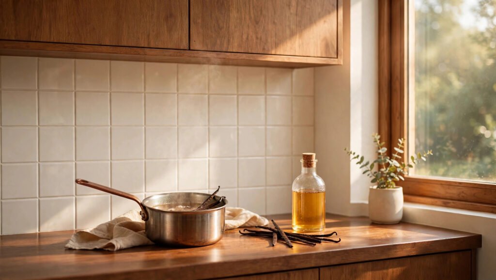 Vanilla beans simmering in a saucepan next to a bottle of golden vanilla syrup