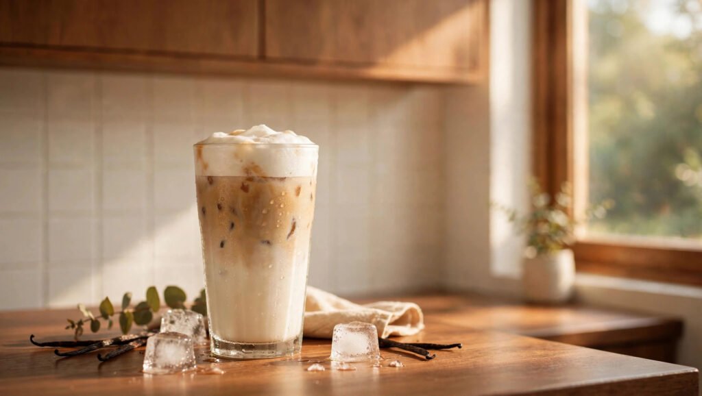 Tall glass of iced vanilla latte with cold foam, ice cubes and vanilla beans