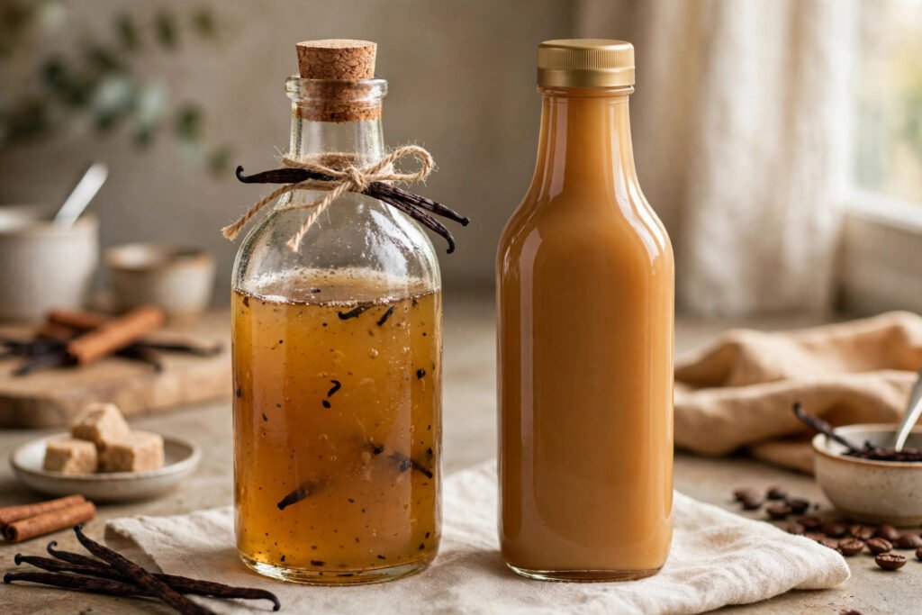 Two glass bottles of homemade vanilla syrup, one with vanilla beans tied with twine