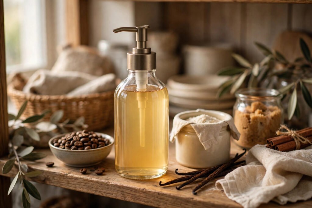 Pump bottle of homemade vanilla syrup on a wooden shelf with vanilla beans and sugar