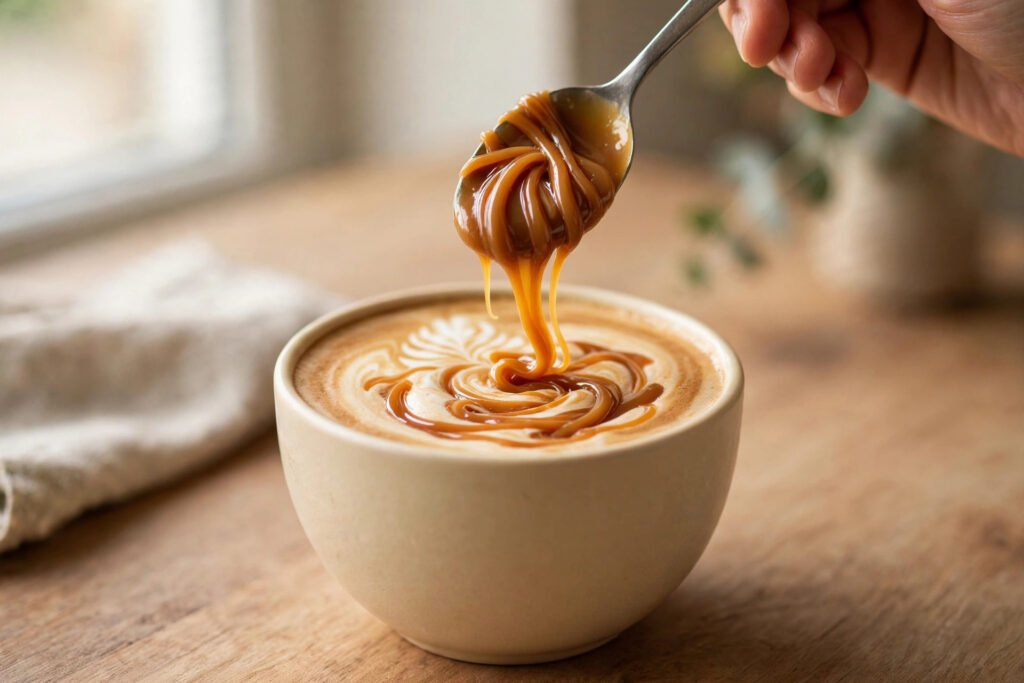 Caramel syrup drizzled into a latte with latte art