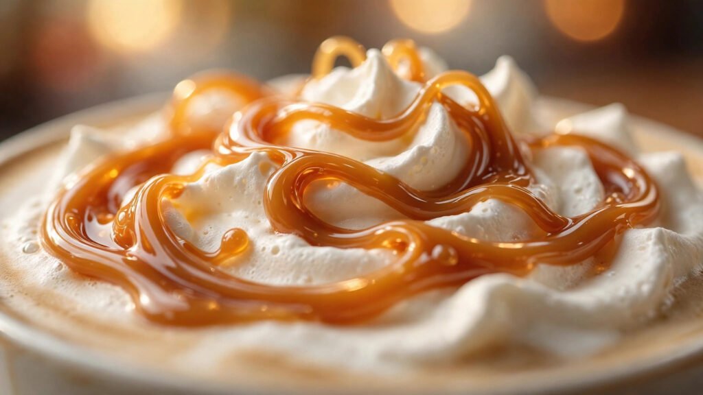 Close-up of caramel drizzle swirling over whipped cream