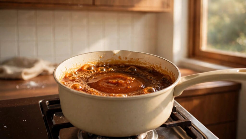 Caramel bubbling to a deep amber color in a saucepan on a gas stove