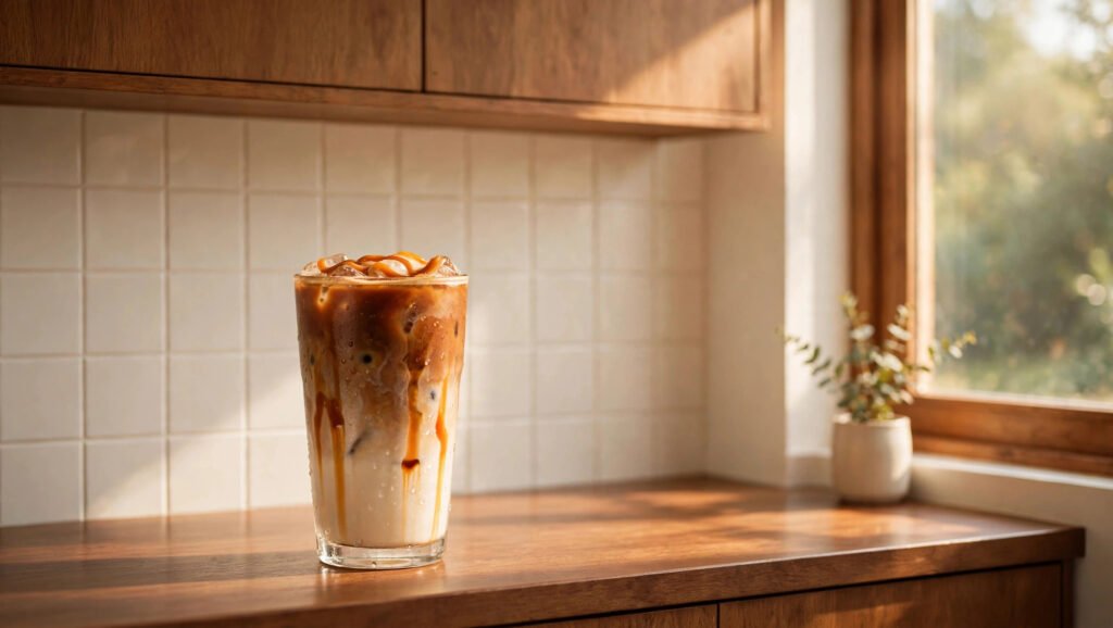 Iced caramel latte with caramel drizzle running down the inside of the glass