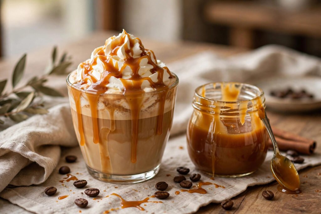 Caramel latte with whipped cream and caramel drizzle beside a jar of homemade caramel sauce