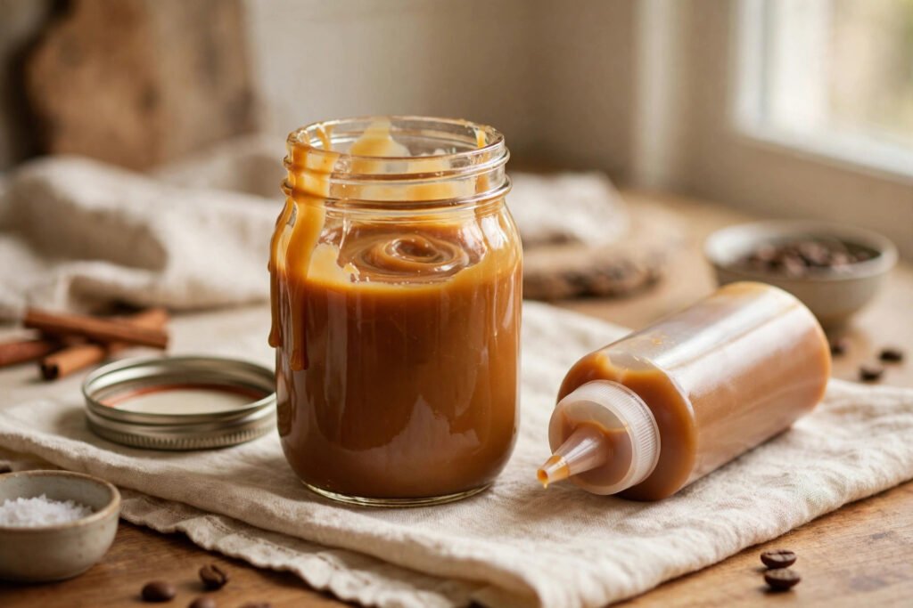 Mason jar and squeeze bottle of homemade caramel sauce on a linen cloth
