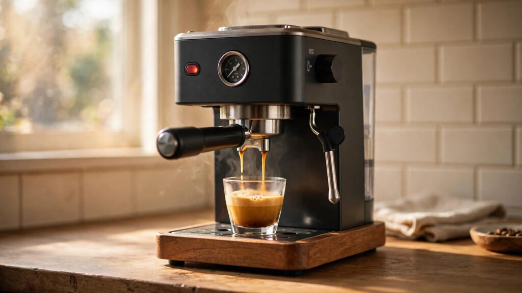 Budget espresso machine pulling a shot with golden crema
