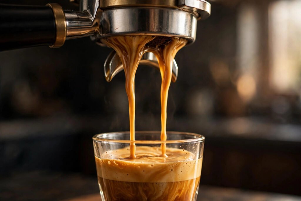 Espresso extracting with rich crema into a glass cup