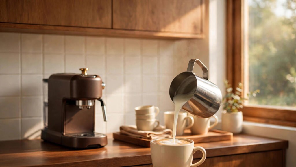 Steamed milk pouring from a steel pitcher into a latte cup beside an espresso machine