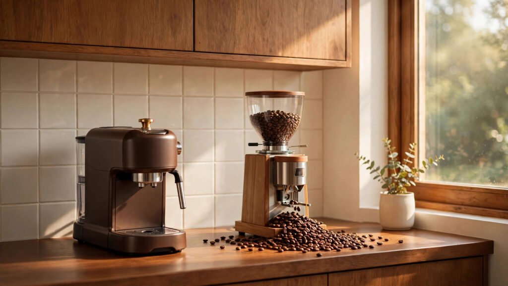 Espresso machine next to a burr grinder spilling fresh coffee beans