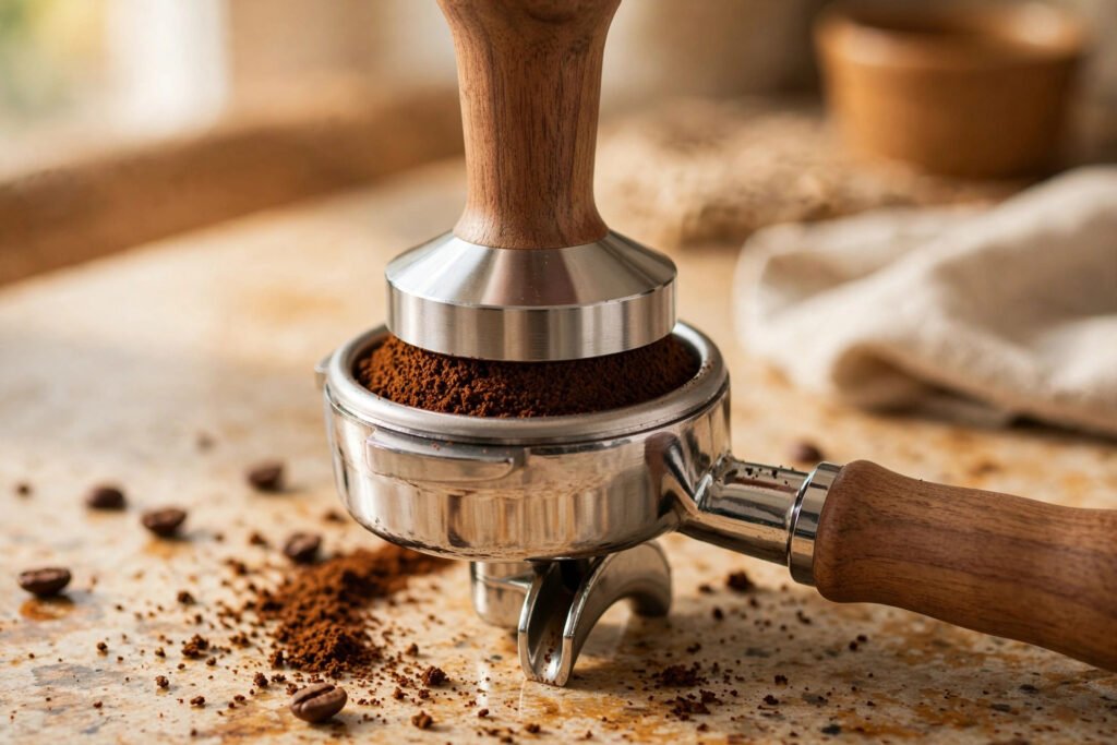 Portafilter filled with tamped espresso grounds with a wooden tamper on top