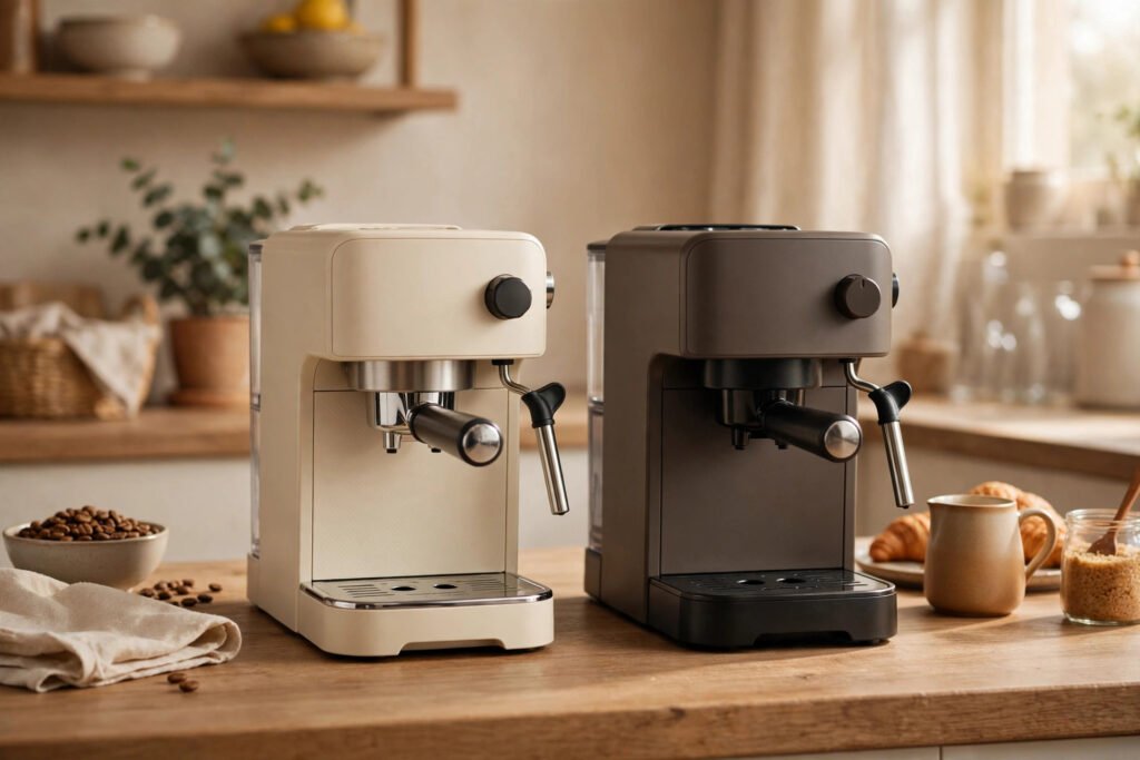 Two compact espresso machines side by side on a kitchen counter with croissants