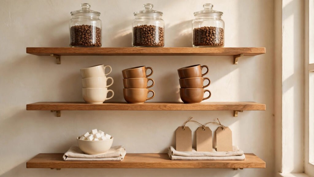 Organized coffee bar shelves with glass jars and stacked mugs