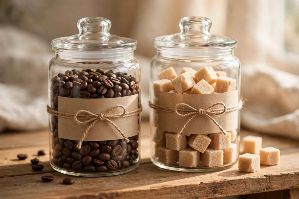 Labeled glass canisters with coffee beans and sugar