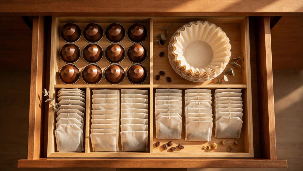 Bamboo drawer organizer holding coffee pods, filters and tea bags in neat rows