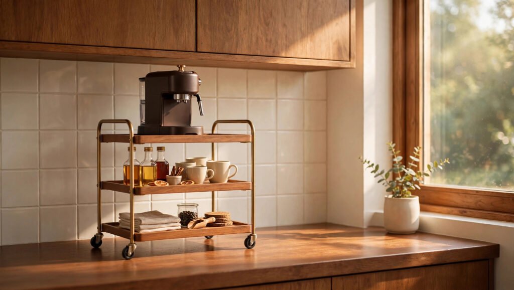 Three-tier rolling cart with espresso machine, syrups and mugs on a kitchen counter