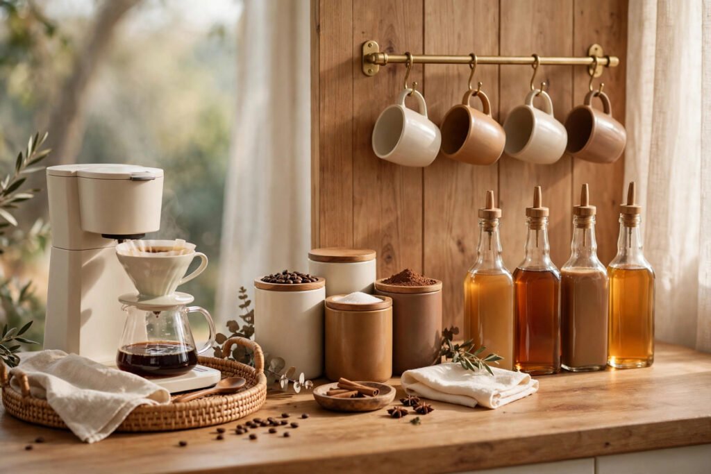 Mugs hanging from a brass rail above canisters and a wooden tray on a coffee counter