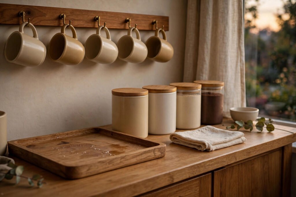 Tidy coffee station with pour-over, drip brewer, labeled canisters and syrup bottles