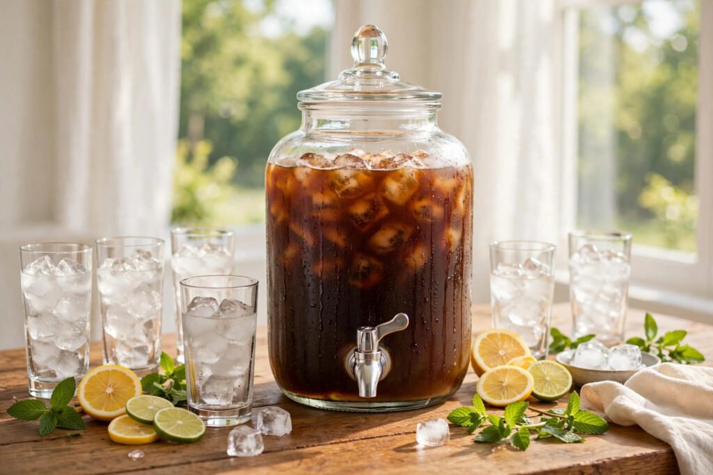 Glass cold brew dispenser with spigot surrounded by ice-filled glasses, lemon and mint