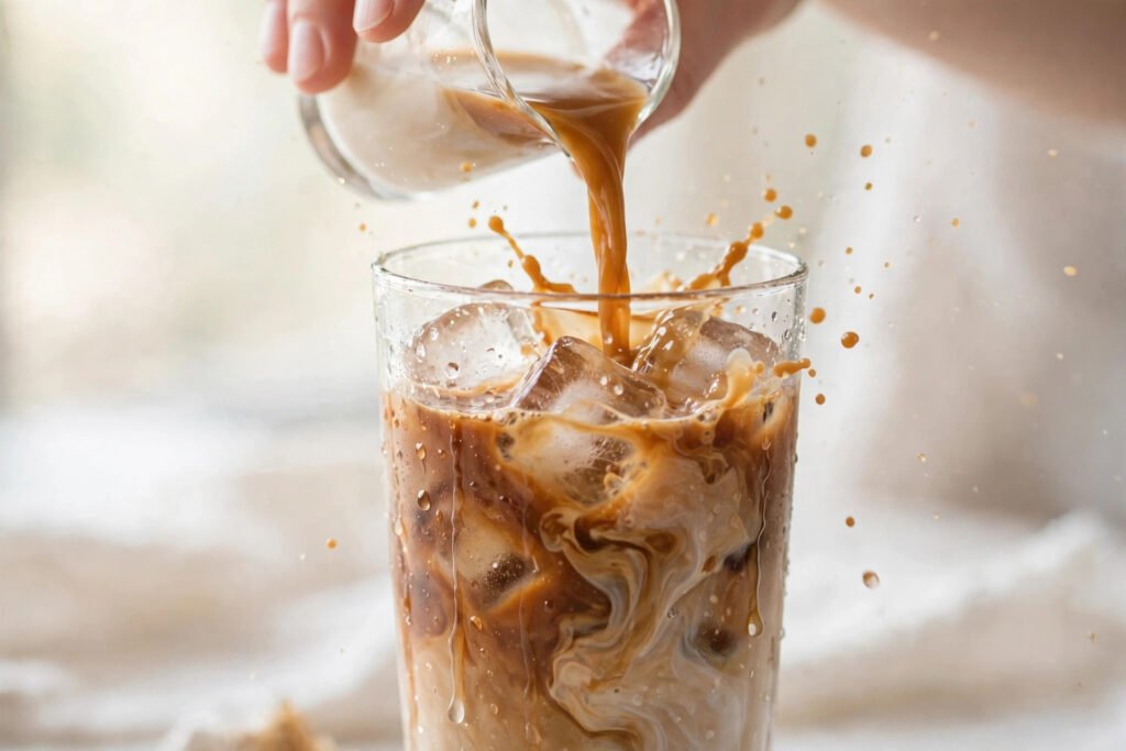 Pouring iced coffee over ice into a tall glass