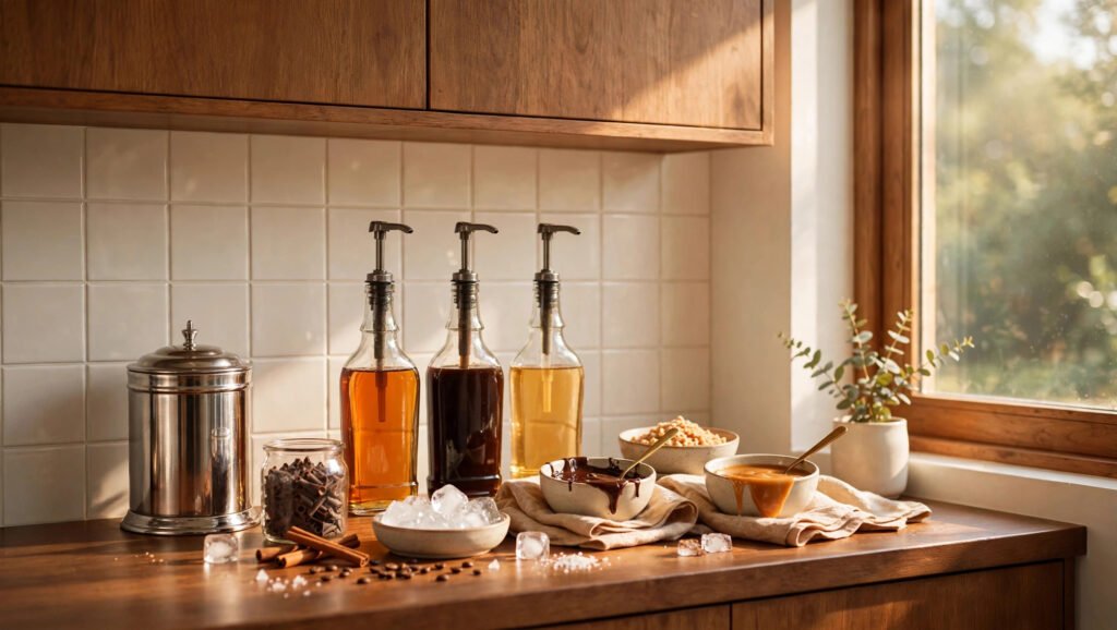 Syrup pump bottles with bowls of chocolate sauce, caramel, ice and toppings