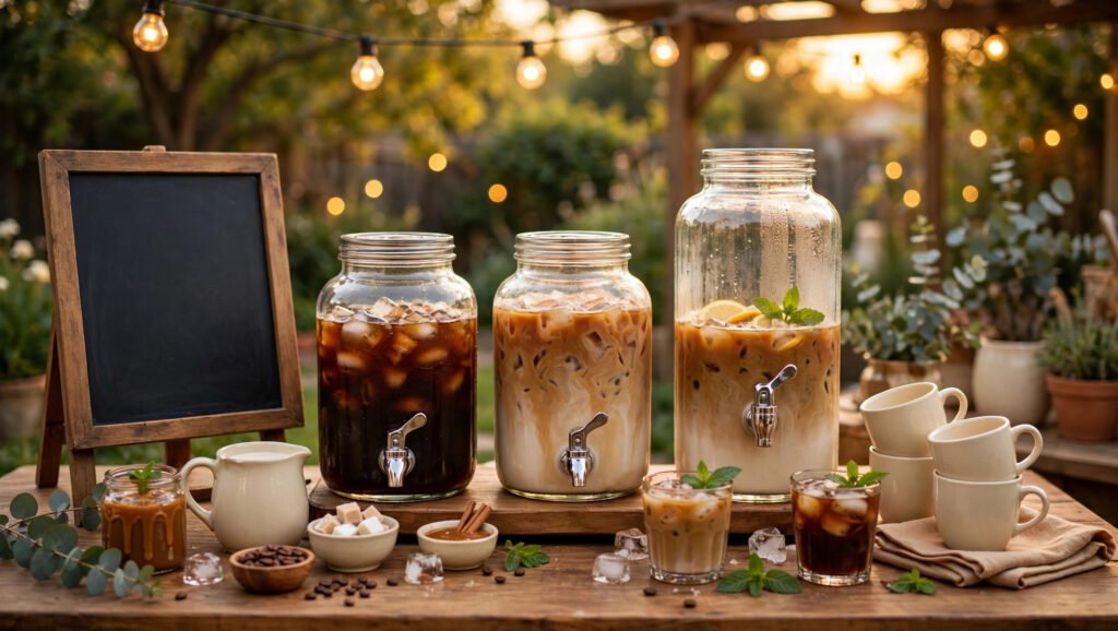 Outdoor iced coffee bar with three drink dispensers, cups and toppings under string lights