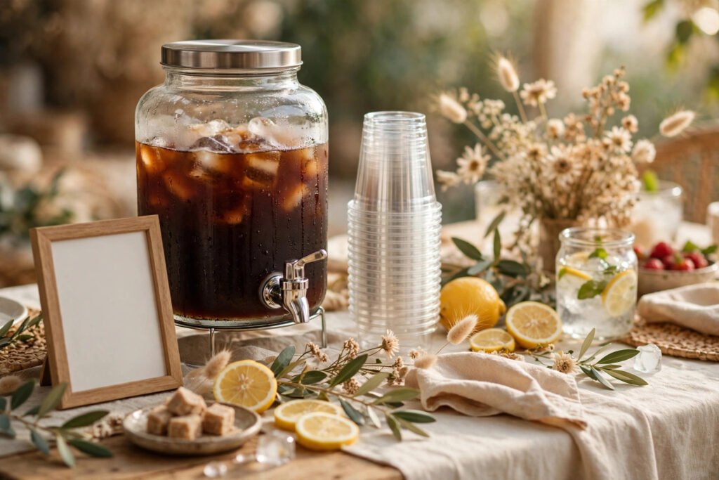 Cold brew dispenser with stacked cups, lemons and flowers on a party table