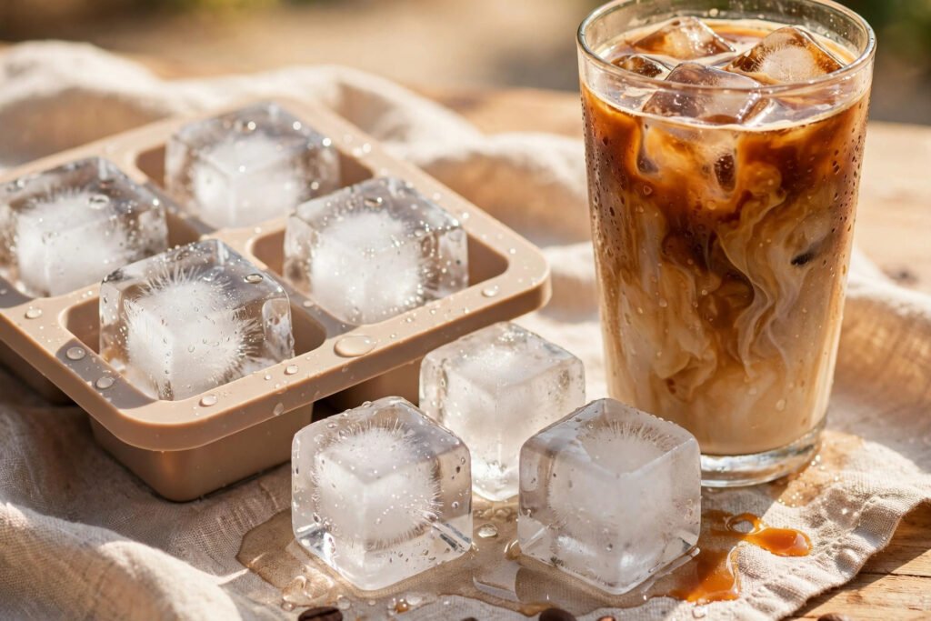 Glass of iced coffee beside a silicone tray of large clear ice cubes
