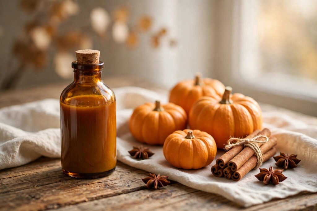 Homemade pumpkin spice syrup in a glass bottle with mini pumpkins and cinnamon sticks