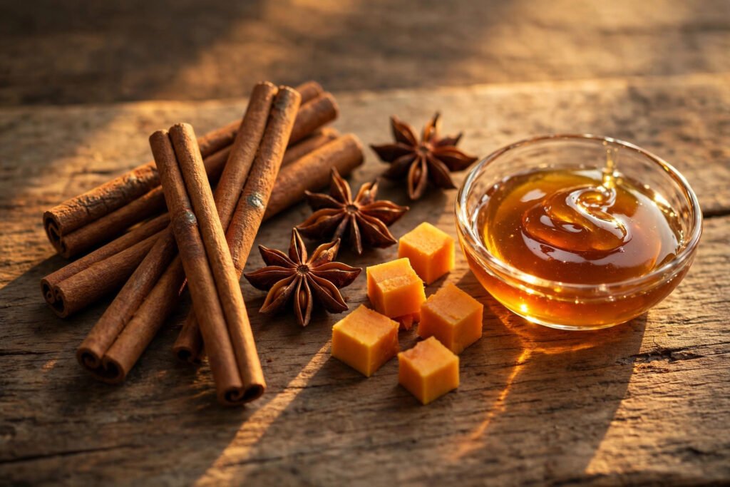Pumpkin spice syrup ingredients: cinnamon sticks, star anise, pumpkin cubes and syrup