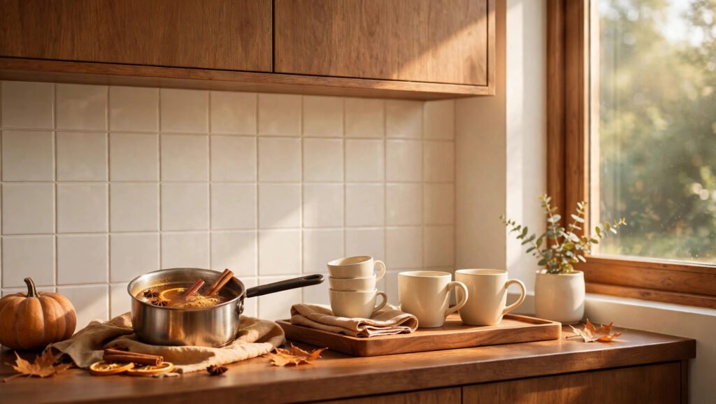 Pumpkin spice syrup simmering in a saucepan with cinnamon sticks, beside a pumpkin and mugs