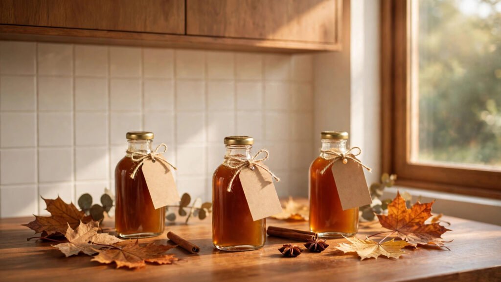 Three gift bottles of pumpkin spice syrup with kraft paper tags among fall leaves