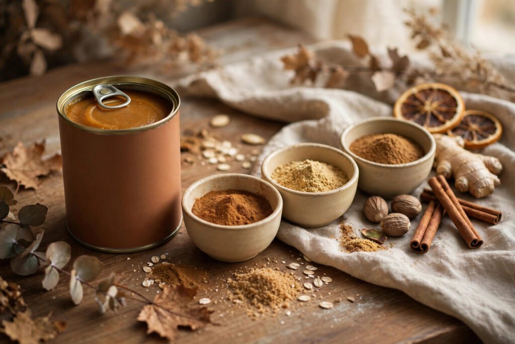 Can of pumpkin puree with bowls of cinnamon, ginger and nutmeg, cinnamon sticks and dried orange