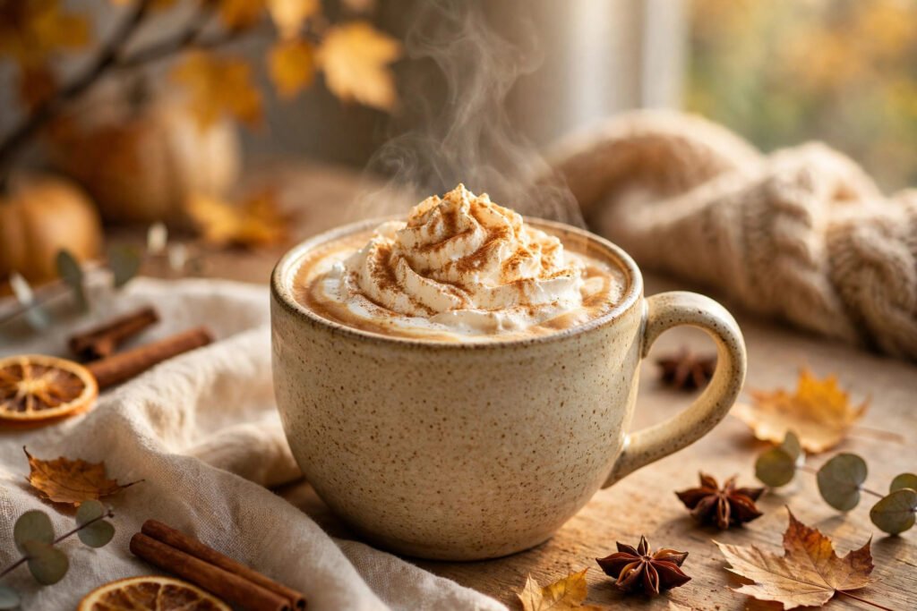 Steaming pumpkin spice latte with whipped cream and cinnamon in a speckled mug