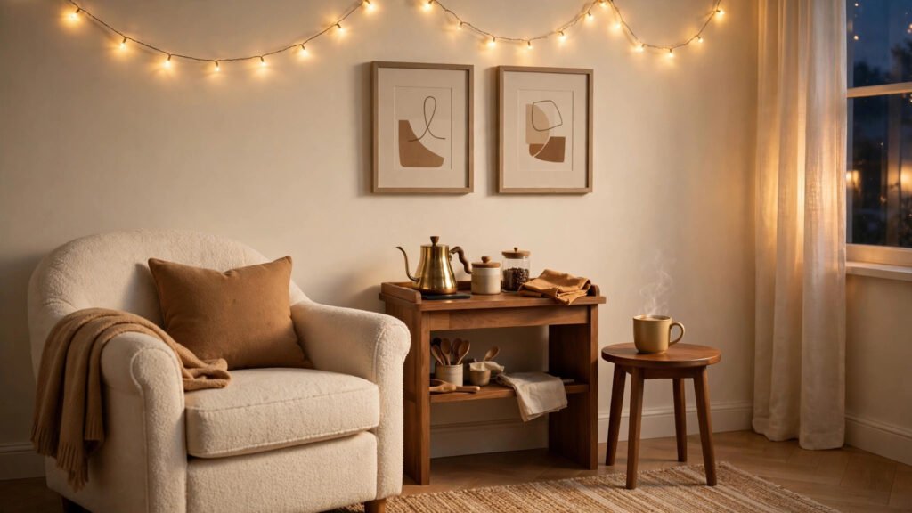 Cozy coffee corner with armchair, wooden side table, brass kettle and fairy lights