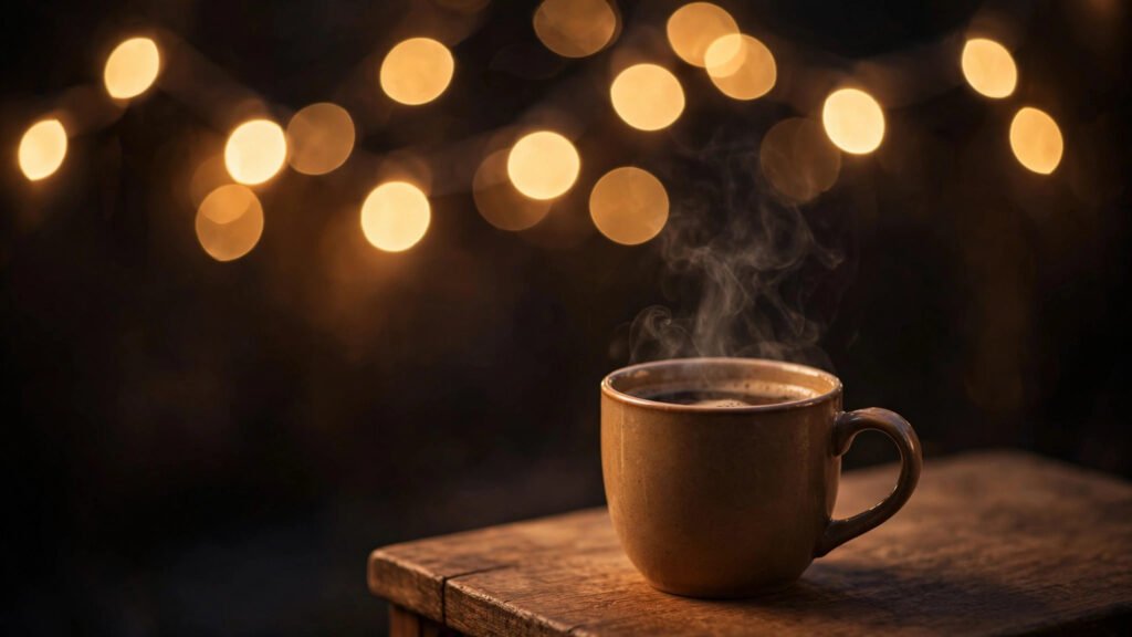 Steaming coffee mug on a wooden table with glowing fairy lights