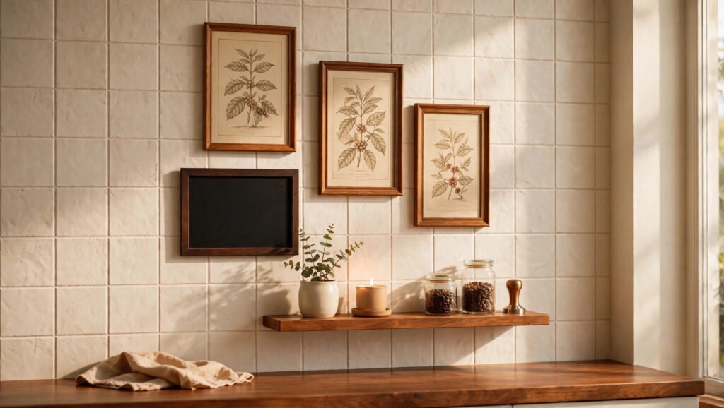 Framed botanical coffee prints and a small chalkboard above a wooden shelf with a candle