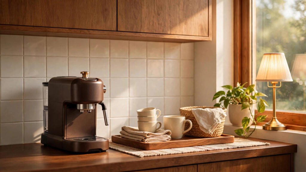 Coffee corner with espresso machine, stacked mugs on a tray, brass lamp and trailing plant